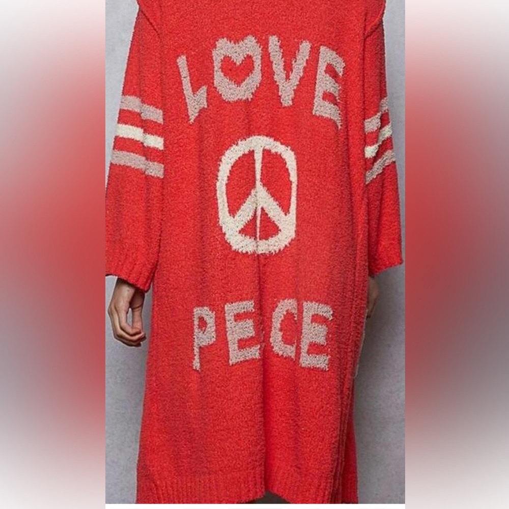 POL long v neck Red cardigan Love and Peace Graphic sweater - Picture 2 of 3